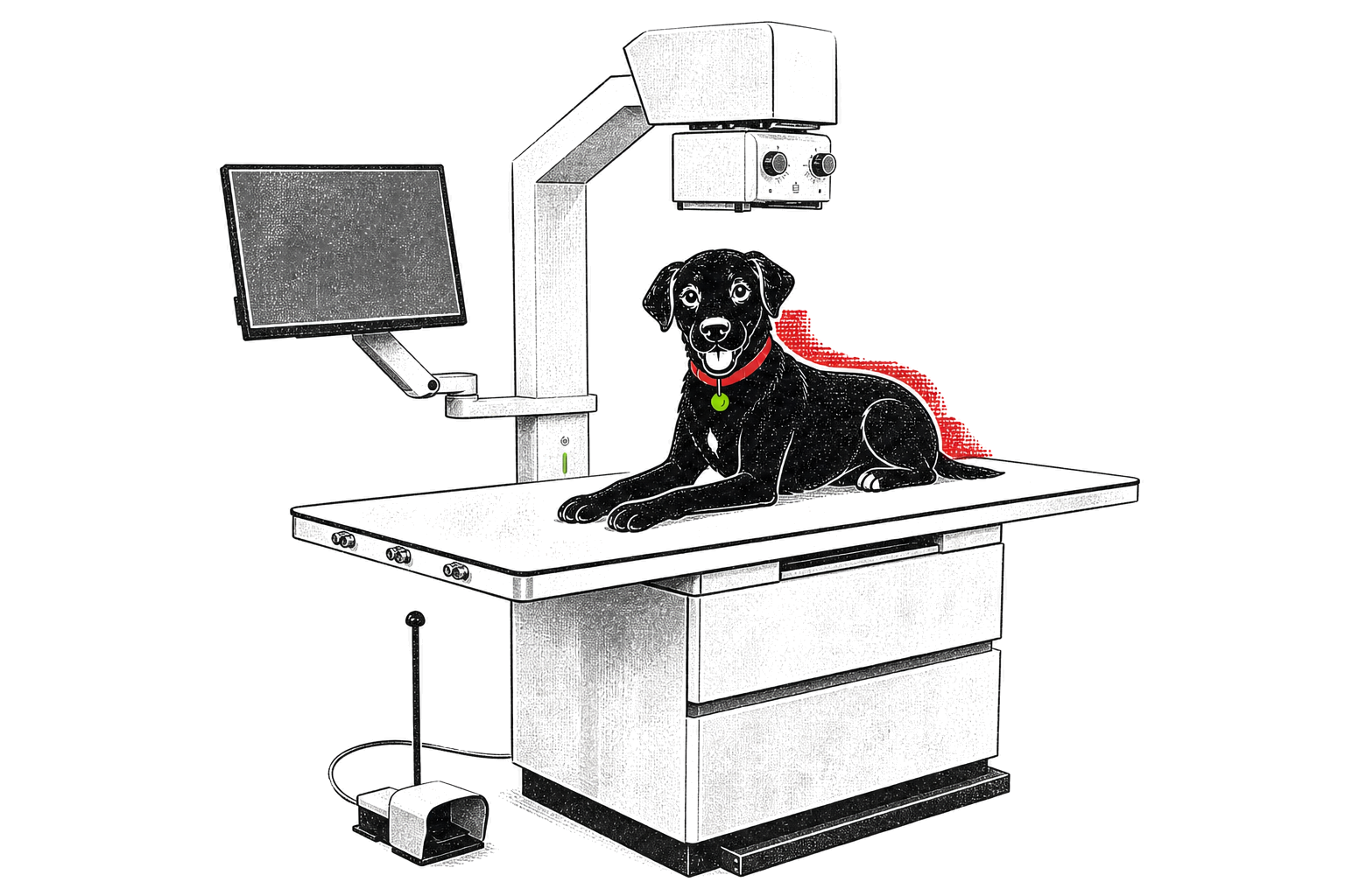 Illustration: der Labrador Chili liegt ruhig auf dem Tisch eines stationären Digitalröntgengeräts mit Monitor und Fußschalter