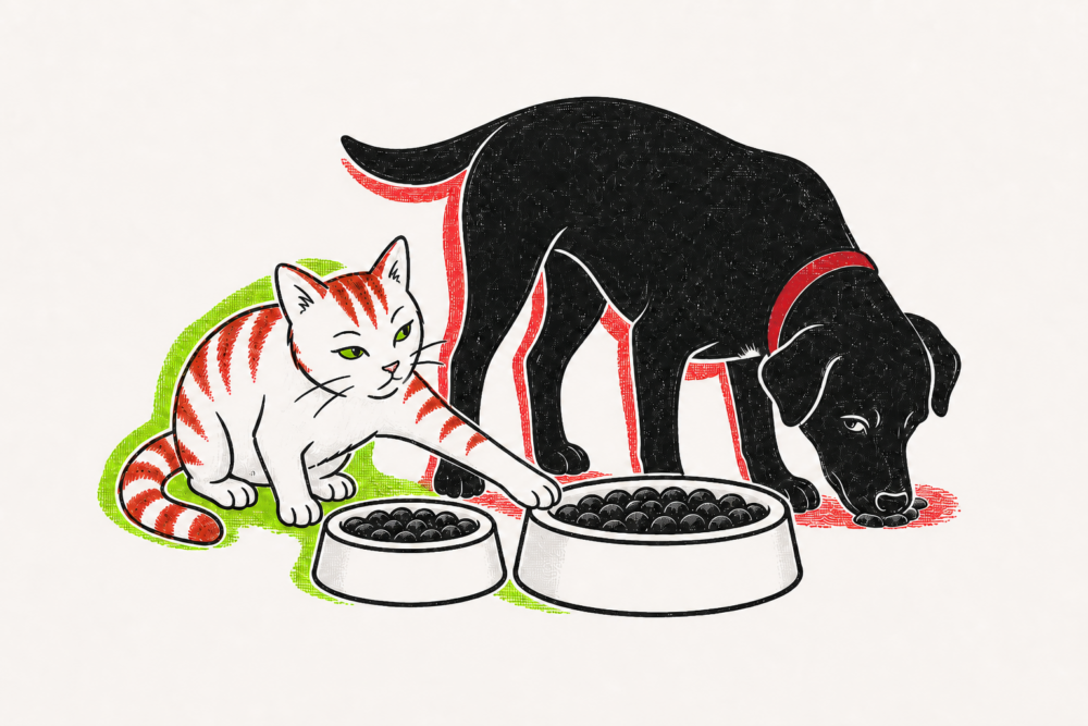 Illustration: der schwarze Labrador Chili frisst aus ihrem Napf, der rot-weiße Kater Toni langt mit der Pfote hinein