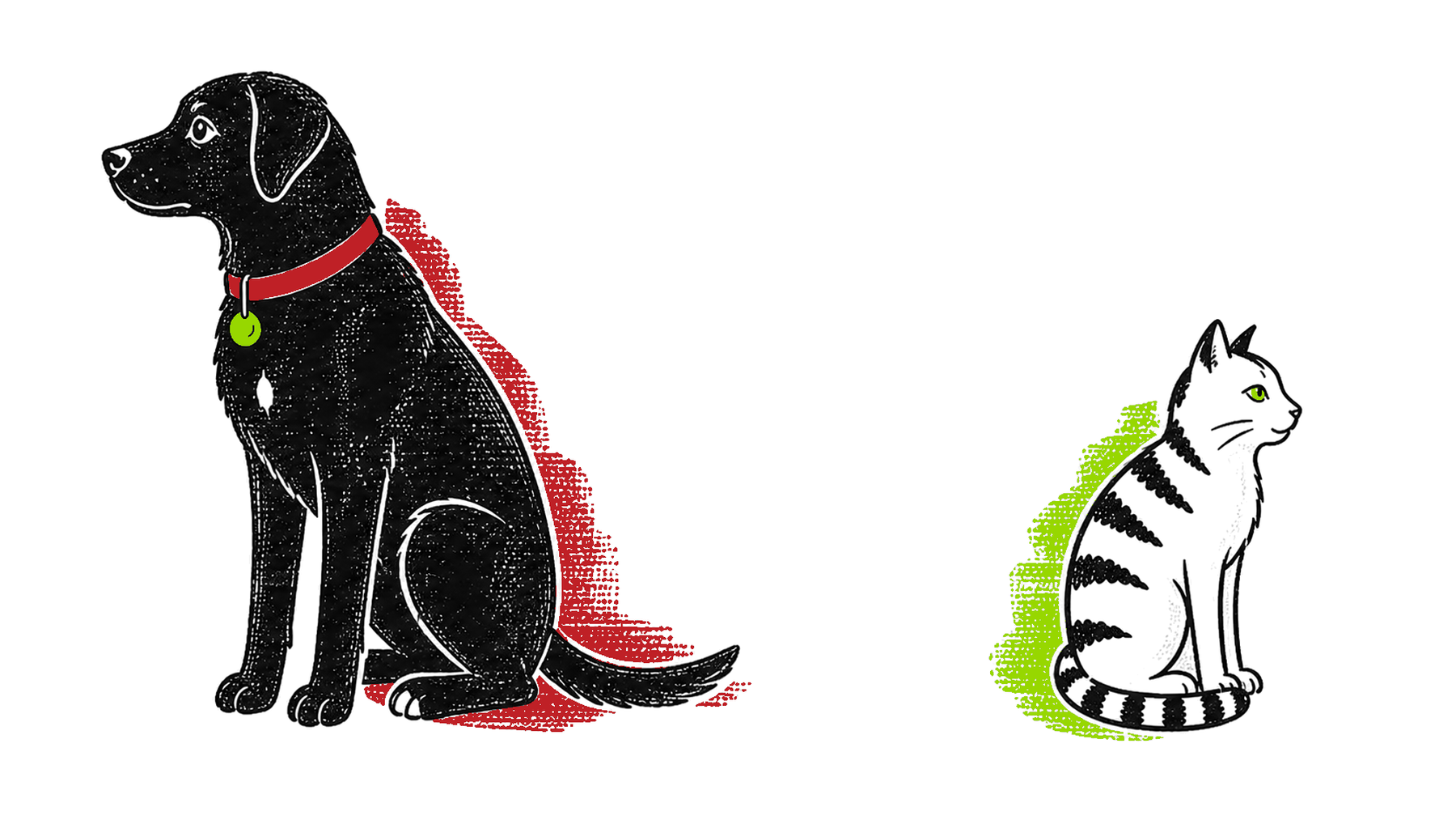Illustration: der Labrador Chili und der Kater Toni sitzen mit Abstand und schauen aneinander vorbei