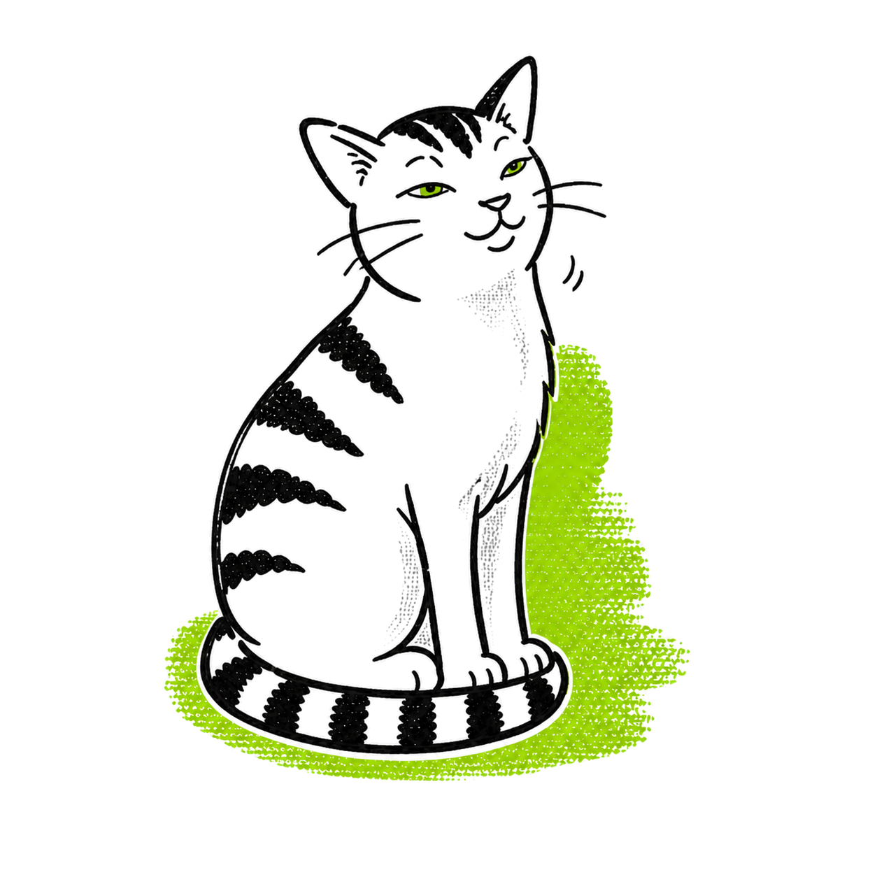 Illustration: der Kater Toni sitzt entspannt da, die Augen zufrieden zusammengekniffen, der Schwanz um die Pfoten gelegt